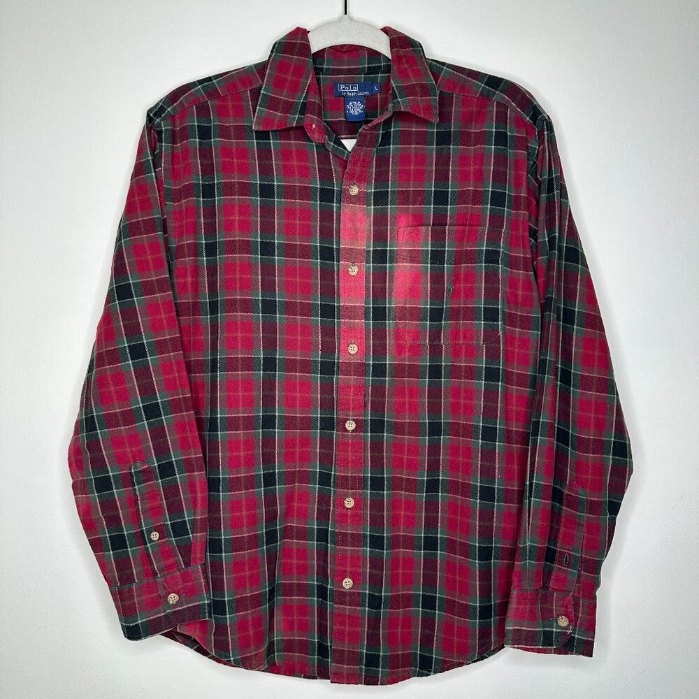 Polo Ralph Lauren Boy’s Plaid Flannel Shirt L Red Green Tartan Button Up